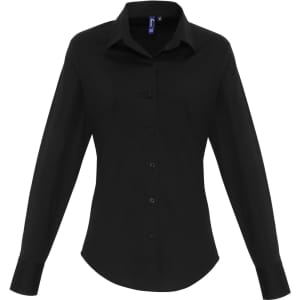 A black women's stretch fit cotton poplin long sleeve blouse with button-up front and collar.