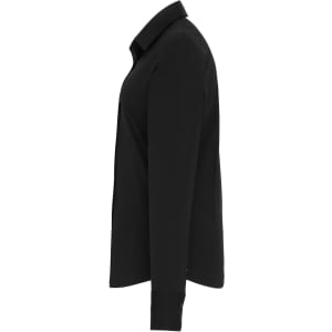 A black women's stretch fit cotton poplin long-sleeve blouse with a classic collar and button-up design.