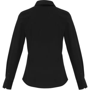 A black Women's Stretch Fit Cotton Poplin L-S Blouse with a button-up design and long sleeves.