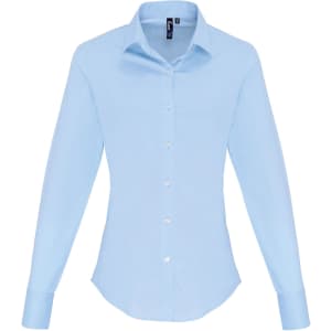 A light blue women's stretch fit cotton poplin long sleeve blouse with a button-up front and collar.
