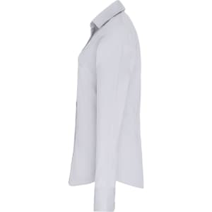 A light grey women's stretch fit cotton poplin long-sleeve blouse with a button-up design and a logo.