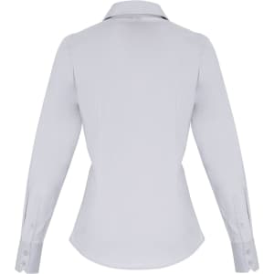 A women's long-sleeve button-up blouse in light grey, featuring a fitted design and button detail on the sleeves.