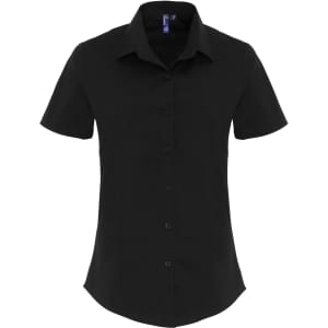 A short-sleeved black blouse made from stretch fit cotton poplin, featuring a button-up front and a neat collar.