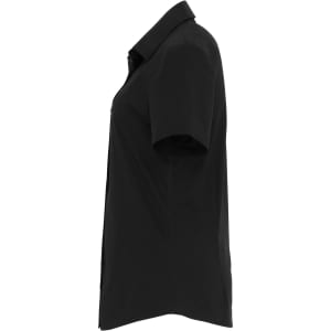 A black women's stretch fit cotton poplin short-sleeve blouse featuring a classic button-up design.
