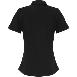 A black women's short-sleeve poplin button-up blouse with a fitted design and a collar.