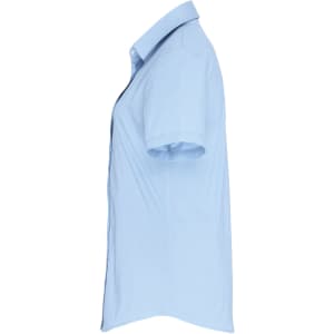 A light blue women's short-sleeve cotton poplin button-up shirt, featuring a sleek side view.