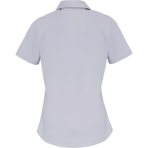 A light grey women's stretch fit cotton poplin short-sleeve blouse with a collar and a fitted design.