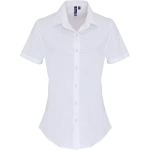 A white short-sleeve button-up blouse with a fitted design and a collar, featuring a logo.