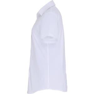A white women's stretch fit cotton poplin short-sleeve blouse featuring a classic button-up design and a logo.