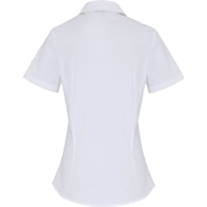 A white women's short-sleeve button-up blouse with a fitted style and a collar, featuring a logo.