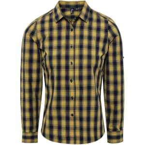 A button-up shirt featuring a yellow and black check pattern, with long sleeves and a logo on the sleeve.