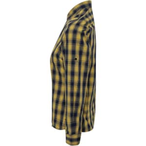 A side view of a women's long-sleeve button-up shirt featuring a yellow and navy check pattern. It has a logo.