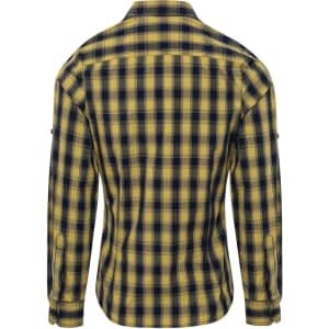 A checked button-up shirt in yellow and navy, featuring long sleeves and a collar. Includes a logo detail.