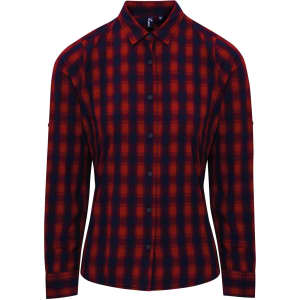 A women's long-sleeve button-up shirt in red and navy check pattern, featuring a collar and a logo.