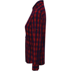 A side view of a women's long-sleeve shirt featuring a red and navy check pattern, with a button-up design and branding.