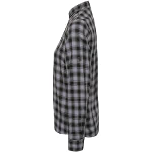 A side view of a women's black and grey checked button-up cotton long sleeve shirt, featuring a logo on the sleeve.
