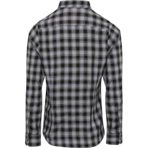 A black and grey checked women's button-up shirt with long sleeves, featuring a collar and a logo.