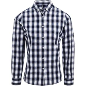 A long-sleeve, button-up shirt featuring a navy and white check pattern, complete with a logo.