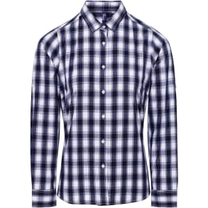 A navy and white check cotton long-sleeve button-up shirt with a collar and buttons. It features a logo.