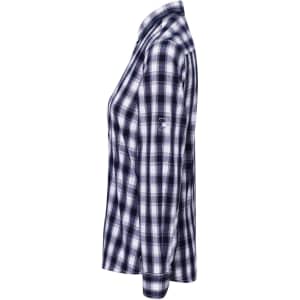 A button-up shirt in navy and white check pattern, featuring long sleeves and a logo on the sleeve.