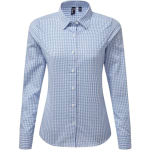 A blue and white check button-up shirt with a collar and long sleeves, featuring a logo.