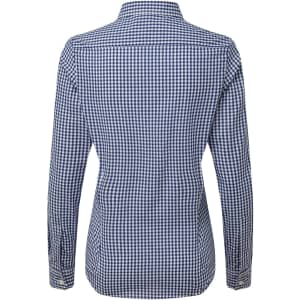 A women's button-up shirt in a navy and white check pattern, featuring long sleeves and a collared neck.