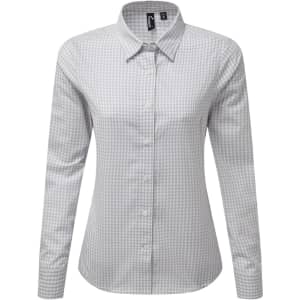 A women's long-sleeve button-up shirt in a grey check pattern with a collar and a logo.