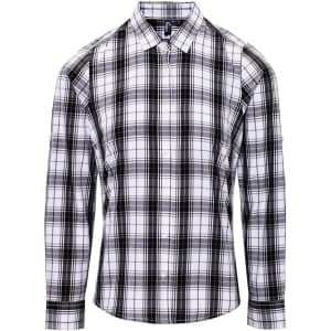 A black and white check flannel button-up shirt with long sleeves and a collar. It features a logo on the chest.