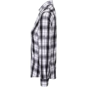 A button-up shirt in a black and white check pattern, featuring a classic collar and long sleeves.