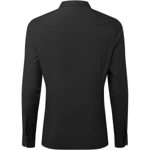 A black women's banded collar grandad shirt, featuring long sleeves and a button-up design, with a branding logo.