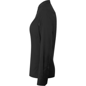 A women's black banded collar button-up shirt, featuring a sleek side profile and long sleeves.