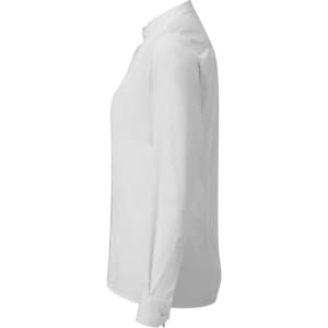 A white women's banded collar grandad shirt with long sleeves, featuring a subtle logo on the side.
