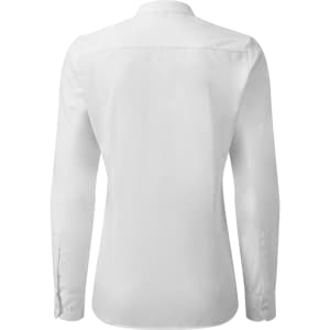 A white women's banded collar grandad shirt featuring long sleeves and a button-up design, with a logo on the back.