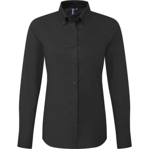 A black long-sleeve women's shirt featuring a button-up front and a collar, with a logo present.