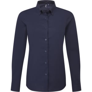 A navy long-sleeve women's shirt with a buttoned front and collar, featuring a logo on the chest.