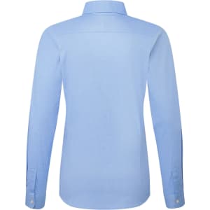 A light blue women's long-sleeve Oxford shirt with a collared neckline and buttoned cuffs. It features a logo.