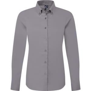 A grey long-sleeve women's Oxford shirt with a button-up front and a collar, featuring a logo.