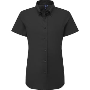 A short-sleeved women's Oxford shirt in black, featuring a button-up design and a collar. It has a logo on the chest.