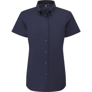 A short-sleeved women's shirt in navy blue with a collared neckline and buttons down the front. It has a logo.