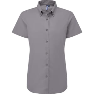 A short sleeve women's shirt in a solid grey colour with a button-up front and a collar. It features a logo.