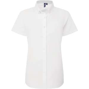 A short-sleeved women's shirt in white with a button-down collar and branding present.