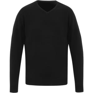 A black Essential V-Neck Sweater with long sleeves and a V-neck design, featuring a logo.