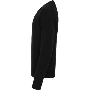 A black essential v-neck sweater displayed from the side, highlighting its slim fit and long sleeves.