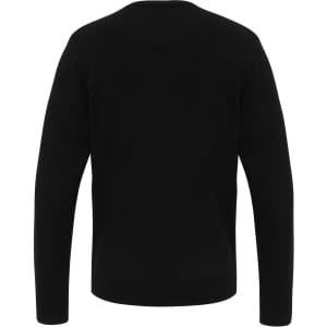 A black v-neck sweater displayed from the back, featuring long sleeves and a simple design. It has a logo.