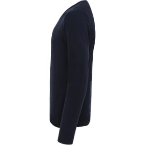 A navy Essential V-Neck Sweater displayed from the side, featuring a simple design and fitted silhouette.
