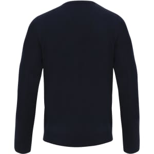 A navy essential v-neck sweater featuring long sleeves and a simple design, with a logo at the back.
