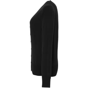 A black women's essential cardigan displayed from the side, featuring a button front and long sleeves.