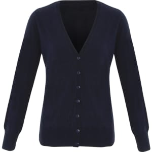A navy blue women's essential cardigan with a V-neck and button closure, featuring long sleeves.
