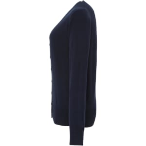 A navy blue women's essential cardigan with a button-up front and long sleeves, featuring a logo on the label.