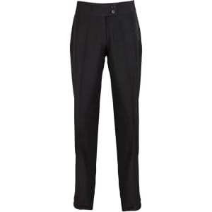 Straight leg trousers in black with a smooth finish and two button details at the waistband. Features a logo.